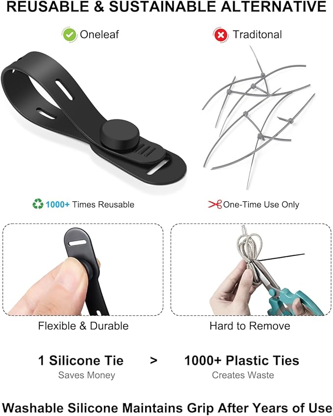 OneLeaf 16Pcs Adjustable Silicone Cable Ties, Reusable Cord Organizer for Desk Setup, PC, TV & Office Cubicle, Secure Soft Anti-Lost Cable Straps for Electronics - Black