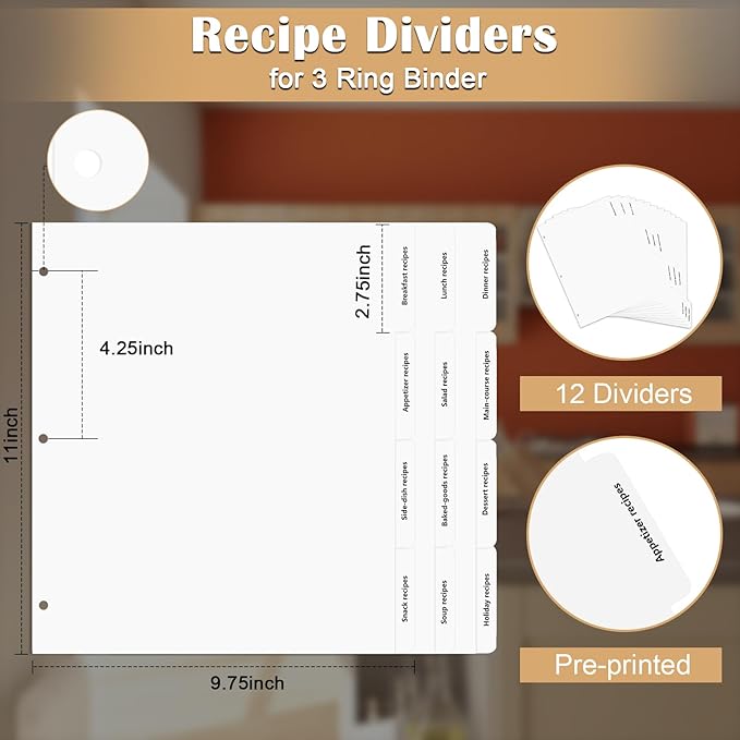 Recipe Dividers for 3 Ring Binder with 4 Tabs 9 3/4”×11” Recipe Binder Dividers Recipe Organizer Personalized Family Recipe Binder Recipe Book to Write in Your Own Recipes for Kitchen (12)