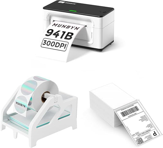 MUNBYN Bluetooth Thermal Label Printer 941B+Thermal Direct Shipping Label (Pack of 500 4x6 Fan-Fold Labels)+White Label Holder