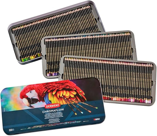 Derwent Chromaflow Pencils, Set of 150 in Tin, 3.5mm Round Core, Premium Core Strength, Blendable with Smooth Texture, Ideal for Drawing, Coloring & Layering, Professional Quality (2306263)