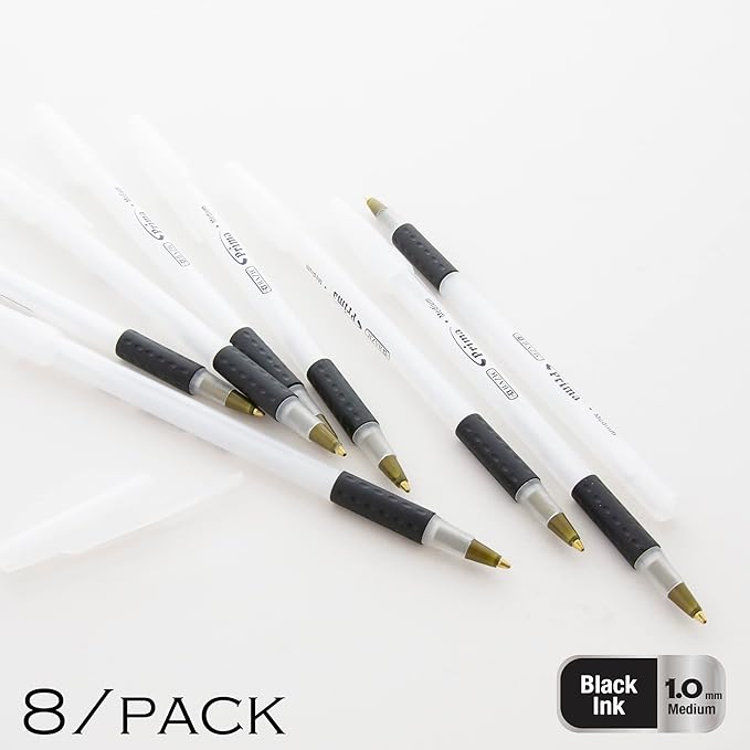 BAZIC Prima Black Stick Pen w/Cushion Grip (8/Pack)