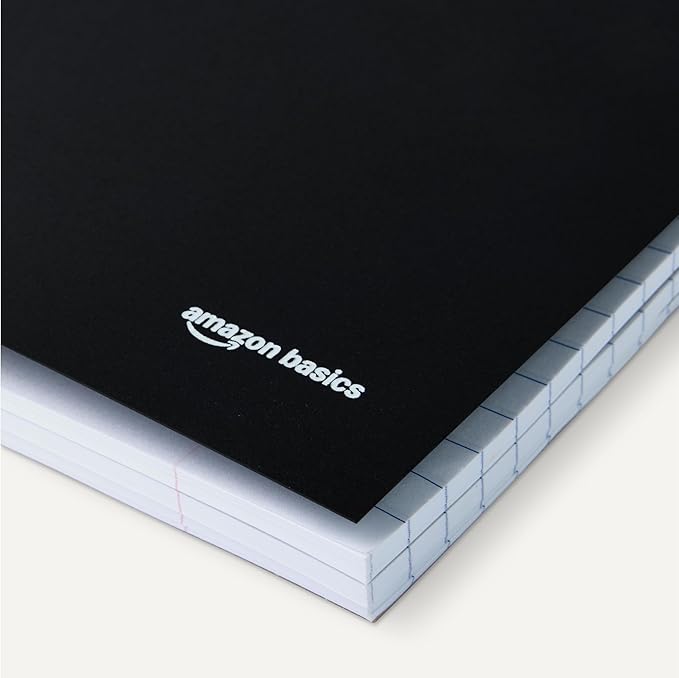 Amazon Basics Wide College Ruled 3-Subject Notebook, Poly Cover, 8.5" x 10.5", 150 Sheets, Black, 2-Pack