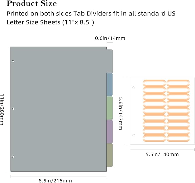 Ospelelf Binder Dividers with Tabs，Durable Paper Dividers for 3 Ring Binder，5 Tab(8.5" * 11")