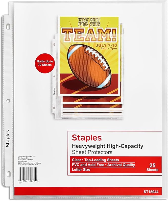 Staples Heavyweight Sheet Protectors, Letter Size 8.5 x 11, Top-Loading, 3-Hole Punched, Clear, 25-Pack