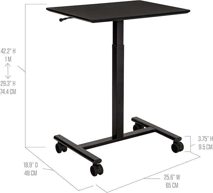 Seville Classics Airlift Height Adjustable Pneumatic Laptop Sit Stand Desk Mobile Rolling Cart, Computer Workstation for Home Office, Classroom, Black, 25.6" Desktop