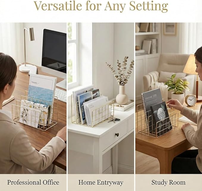 Simmer Stone Letter SorterOrganizer for Desk, Premium Plated Metal Mail Holder, 3-Slot Ultra-Stable Non-Wobbling Desktop Organizer for Envelopes, Documents, Palettes, 9.5 x 4.7 x 6 Inche, Gold