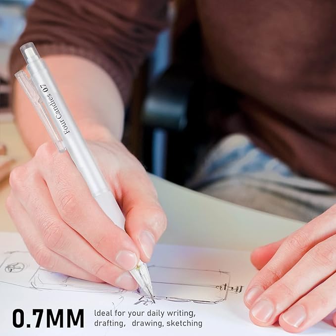 Four Candies Cute Mechanical Pencil Set with Case - 3PCS Pencils 0.7mm with 180PCS HB Lead Refills, 3PCS Erasers, 9PCS Eraser Refills, White Clear Mechanical Pencil for Students Drawing, Writing