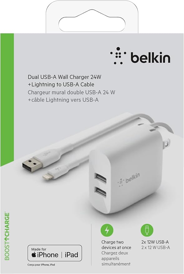 Belkin 24W Dual Port USB Wall Charger - Lightning Cable Included - iPhone Charger Fast Charging - USB Charger Block for Power Bank, iPhone 14, iPhone 13, iPhone 12, iPhone 11, iPad Pro, Samsung & more