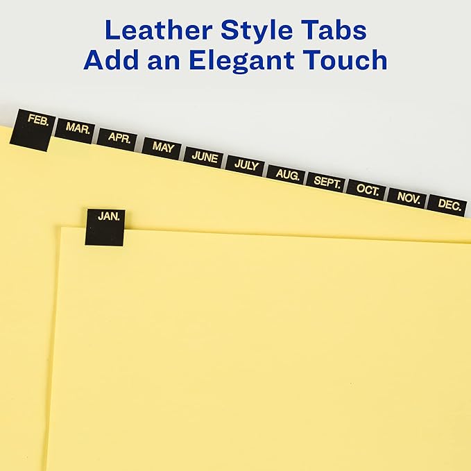 Avery Jan-Dec Dividers for 3 Ring Binders, 12 Tabs per Set, Pre-Printed Black Leather Tabs, Great for Organizing Records, Reports, Finances, and Other Important Documents (3 Sets of 26180)