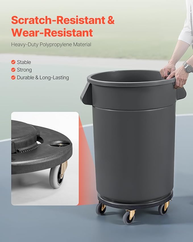 VEVOR Trash Can Dolly, Fit 20, 32, 44, 55 Gallon Containers, 2 Packs Round Trash Can Roller Base with 4 Swivel Wheels, 500lbs Heavy Duty Barrel Dolly, Multi-Functional Rolling Cart