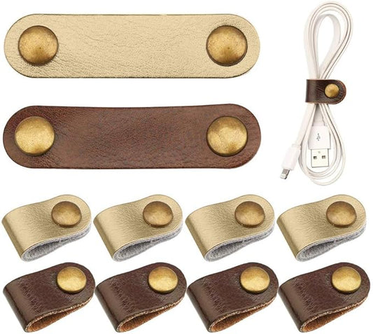 10 Pcs Cord Organizer, Portable Leather Cable Cord Stocking Stuffers for Men USB Straps Earphone Winder with Leather Handmade (Brown/white)