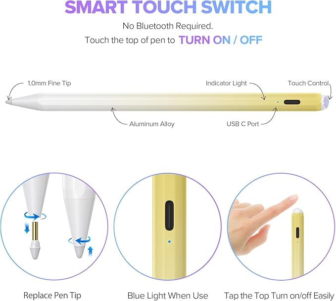 Stylus Pen for iPad 6th-11th Generation-2X Fast Charge Active Pencil Compatible with 2018-2025 Apple iPad Pro 11"/12.9"/M4, iPad Air 3/4/5/M2/M3,iPad mini 5/6 Gen-Gradient White Yellow