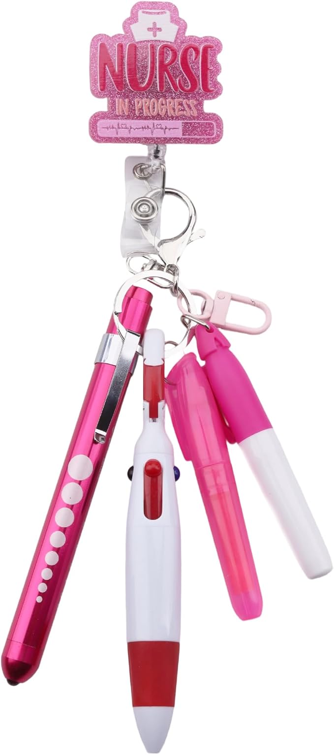 Student Nurse Pen Set Badge Reel Holder Accessories Clip, Retractable Mini Nursing Pen & Light Tool Set， Highlighter pens and Highlighter pens（Pink）