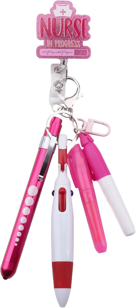 Student Nurse Pen Set Badge Reel Holder Accessories Clip, Retractable Mini Nursing Pen & Light Tool Set， Highlighter pens and Highlighter pens（Pink）