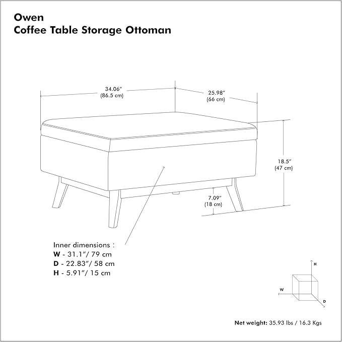 SIMPLIHOME Owen Coffee Table Storage Ottoman - 34 inch Wide Upholstered Linen Look Fabric Rectangular Lift-Top Ottoman in Slate Grey, Mid-Century Modern Bench for Living Room with Tapered Legs