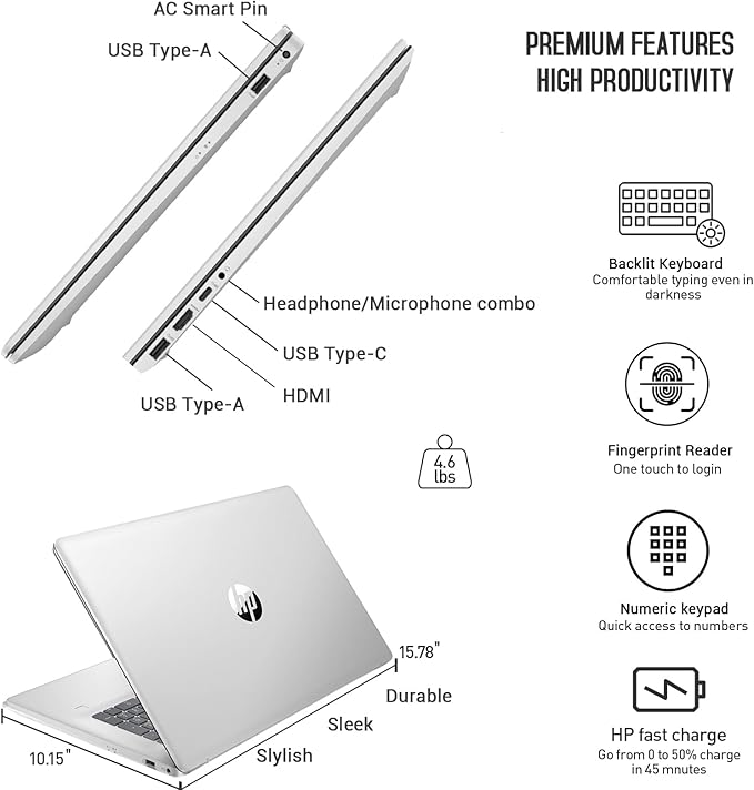 HP 17 Touchscreen Laptop Computer, 17.3” HD+ Touch Screen Laptop Notebook PC, Intel 10-Core i7, 36GB RAM 2TB SSD, Windows 11 Pro, 10 Key Backlit Keyboard, Fingerprint Reader, Wi-Fi 6