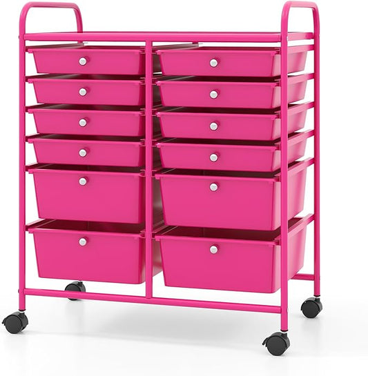 COSTWAY 12-Drawer Rolling Storage Cart, Moveable Art Craft Organizer W/Lockable Wheels, Metal Shelf, Files Arrangement Tools Makeup Storage Cart for Office, Home, School, Hot Pink
