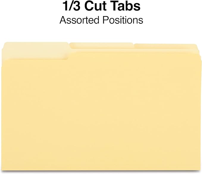Staples File Folders, Legal Size, 1/3‑Cut Tabs, Yellow, Durable Paper Stock, 200/Carton