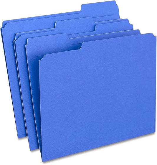 Staples Reinforced Colored File Folders, Letter Size, 3‑Tab Design, Blue, Heavy‑Duty Construction, 100/Box