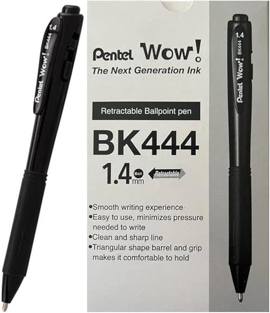 Pentel Wow! Retractable Super Smooth Ballpoint Pen, (1.4mm) Bold Line, Triangular Barrel, Black Ink, 12 Pack