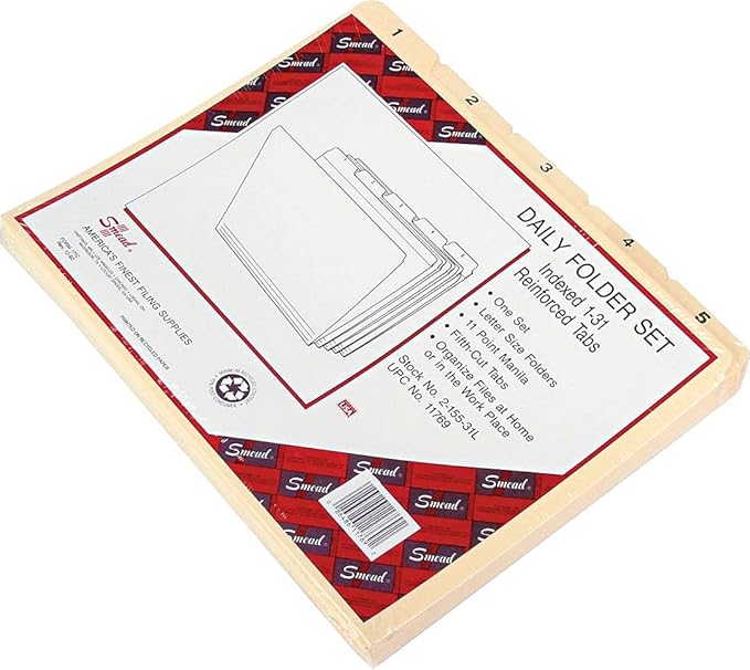 Smead Indexed File Folders, 1/5-Cut Tab, Assorted Positions, Indexed, Letter Size, Manila (1-31)