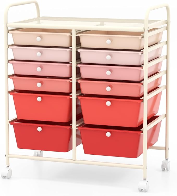 COSTWAY 12-Drawer Rolling Storage Cart, Moveable Art Craft Organizer W/Lockable Wheels, Metal Shelf, Files Arrangement Tools Makeup Storage Cart for Office, Home, School, Mixed Pink