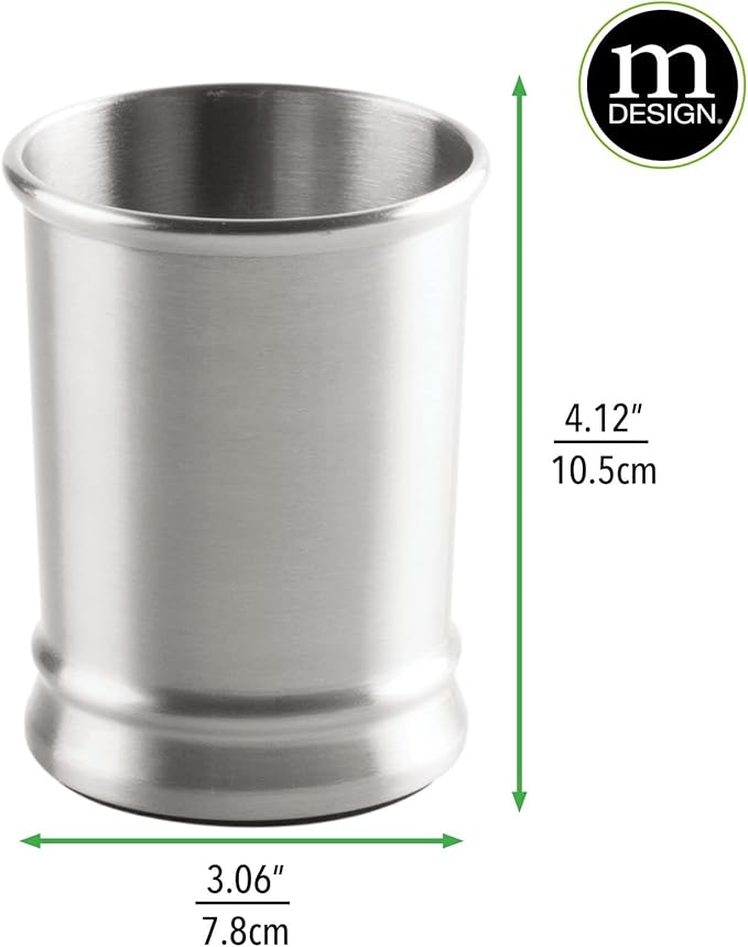 mDesign Modern Stainless Steel Bathroom Cup, Toothbrush Holder, Countertop Tumbler Cup for Rinsing and Drinking, Accessories and Makeup Brush Organizer for Vanity, Elwyn Collection, Brushed/Chrome