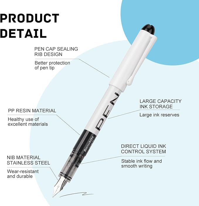 EEOYU 12 Pieces Disposable Fountain Pens, Smooth-Writing Office Supplies for Sketching, Journaling, Calligraphy, Doodling and Gifts (Assorted Colors)