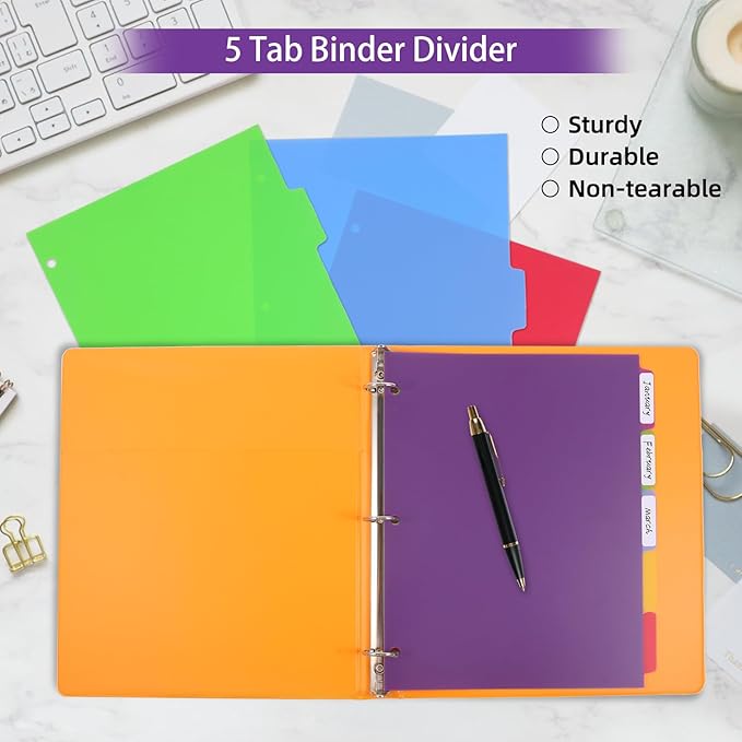 3 Sets Colorful Binder Dividers with Tabs,Plastic Index with 5 Tabs,Big Tab Dividers for 3 Ring Binder