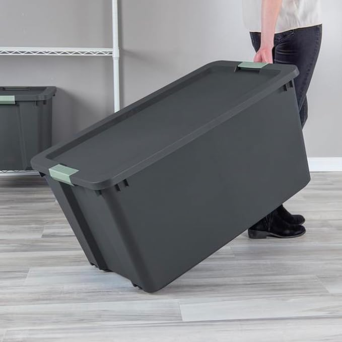 Sterilite 4 Pack 45 Gallon Wheeled Latch Tote, Stackable Plastic Storage Bin, Gray/Green
