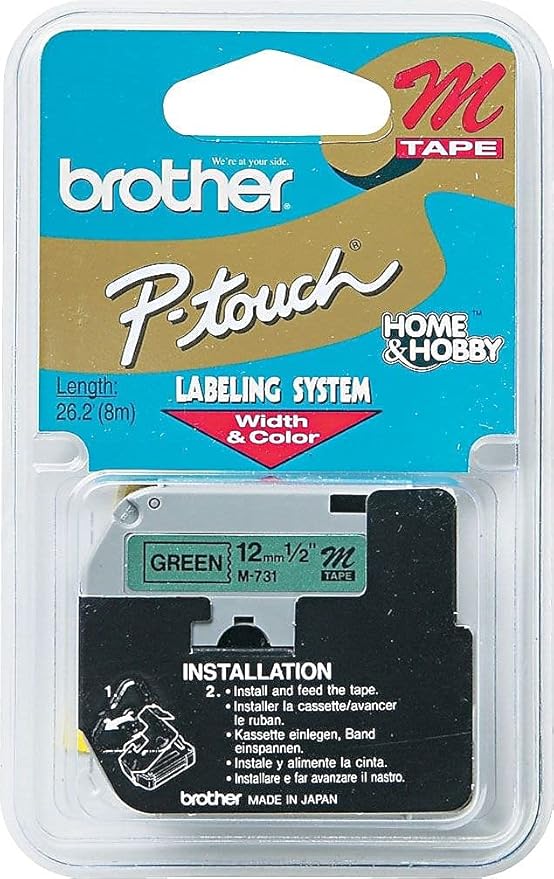 Brother Tape Cartridge 0.5IN Wide, Non-laminated Black On Green (M731)