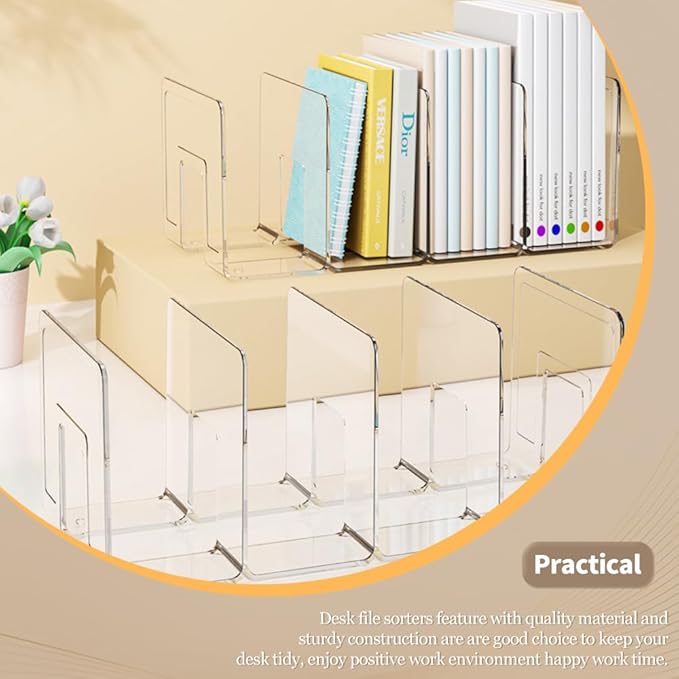 4Pcs Clear Acrylic Desk File Sorter, Desktop File Organizer, 4 Sections Clutch Divider File Folder Rack, Purse Handbag Organizer Letter Notebook Folder, Office Supplies Stand (Clear)