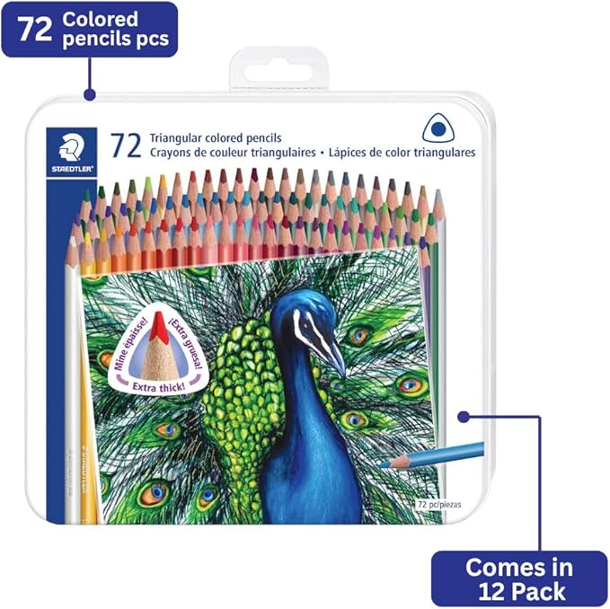 STAEDTLER Colored Pencils Set 12-Pack (12 Sets of 72 pcs) - Ergonomic Triangular Barrel, Smooth 4mm Lines, Wood - 72 Vibrant Colors in Tin, for Artists & Students, 864 Count