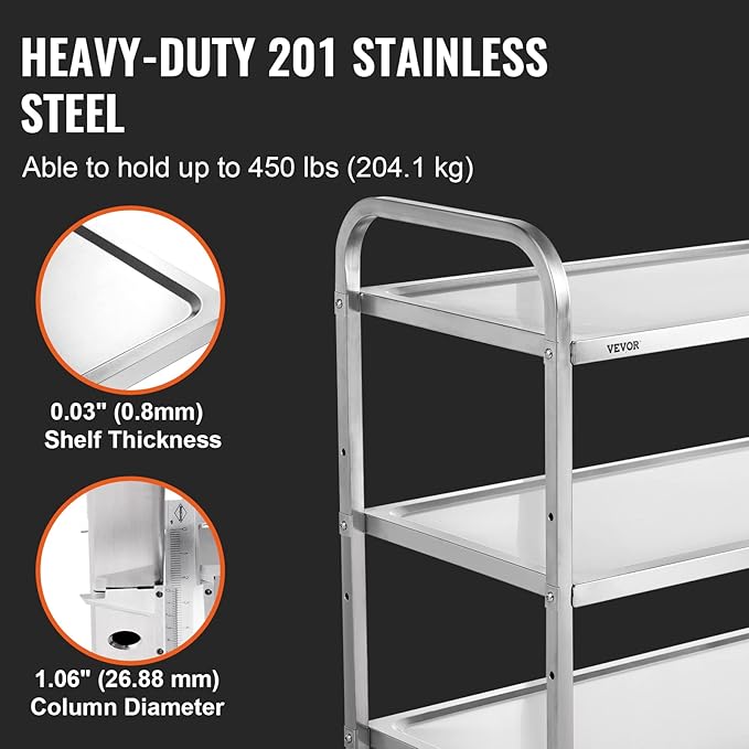 VEVOR Kitchen Utility Cart, 37.5"x19.7"x37.7" 3 Tiers Wire Rolling Cart, 450LBS Capacity Steel Service Cart with Brake Wheels, Storage Trolley with 80mm Basket PP Liner 6 Hooks, Indoor & Outdoor Use