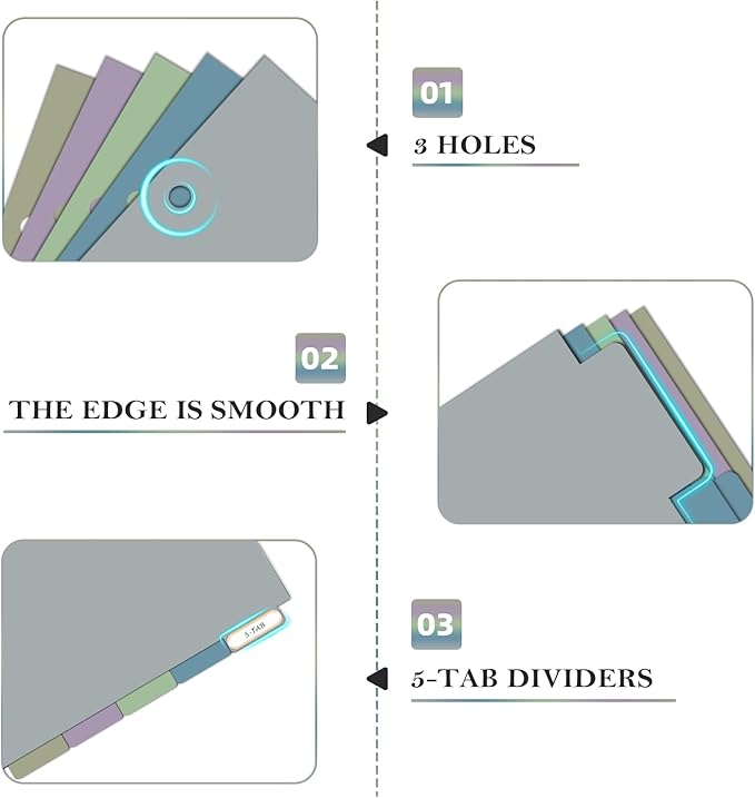 Ospelelf Mini Binder Dividers with Tabs，Durable Paper Dividers for 3 Ring Mini Small Binder，5 Tab(5.5" * 8.5")