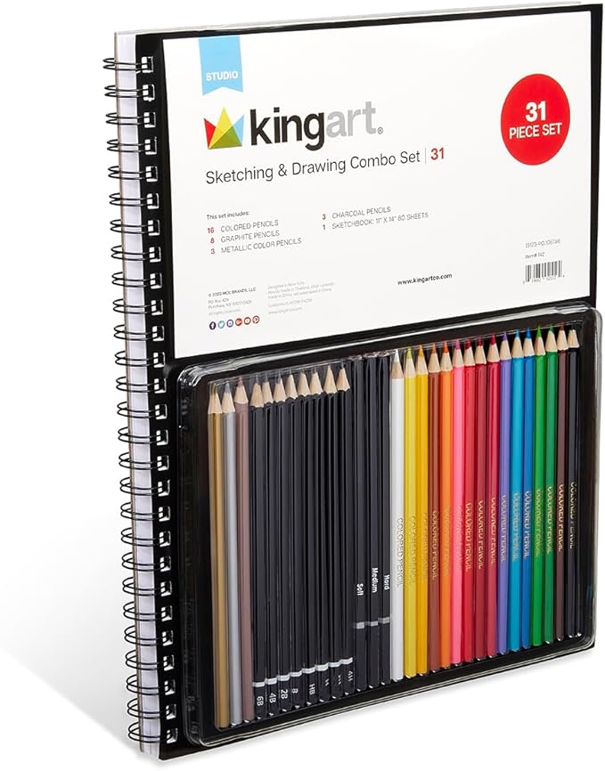 KINGART Drawing & Sketching ART PENCIL SET with Sketch Pad, 31 Pc. Graphite, Charcoal & Colored Pencils, All Skill Levels including Beginner, 31 Pc.