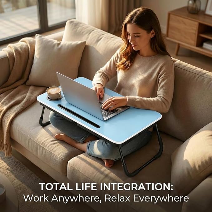 BUYIFY Foldable Laptop Bed Desk for Couch, Sofa - Large Lap Desk Tray Table with Cup Holder and Tablet Slot - Portable Notebook Stand for Eating, Writing, Studying and WFH (Blue)