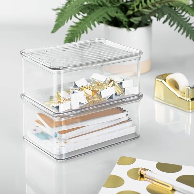 mDesign Small Plastic Home Office Storage Organizer Box Containers w/Hinged Lid for Desktops - Holds Pens, Pencils, Sticky Notes, Highlighters, Staples, Supplies - Lumiere Collection, Clear