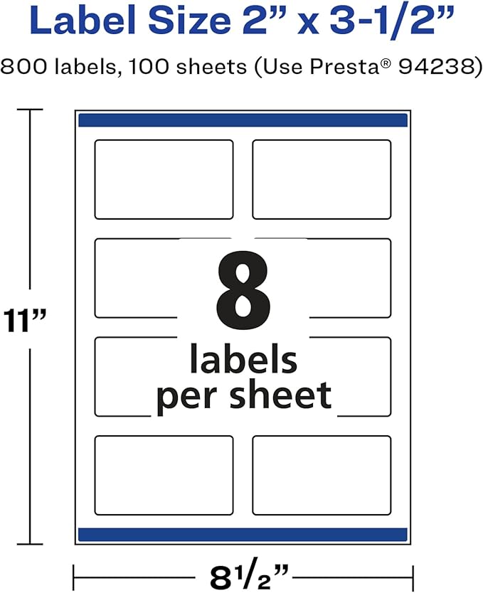 Avery Glossy White Rectangle Labels, Sure Feed Technology, 2" x 3.5", 800 Glossy White Labels, Print-to-The-Edge, Permanent Adhesive, Laser/Inkjet Printable