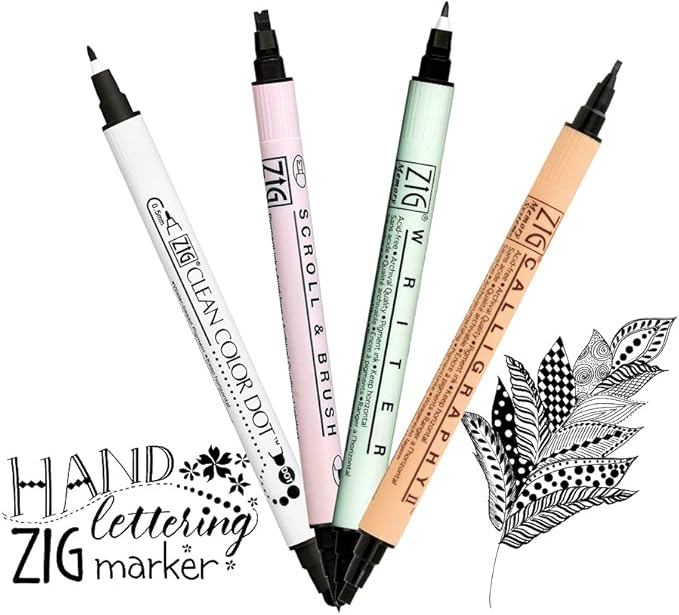 Kuretake ZIG Twin Marker BLACK 4 Assortment set for Hand Lettering, Calligraphy Art, Illustration, Journaling, Cartooning, AP- Certificated, Made in Japan