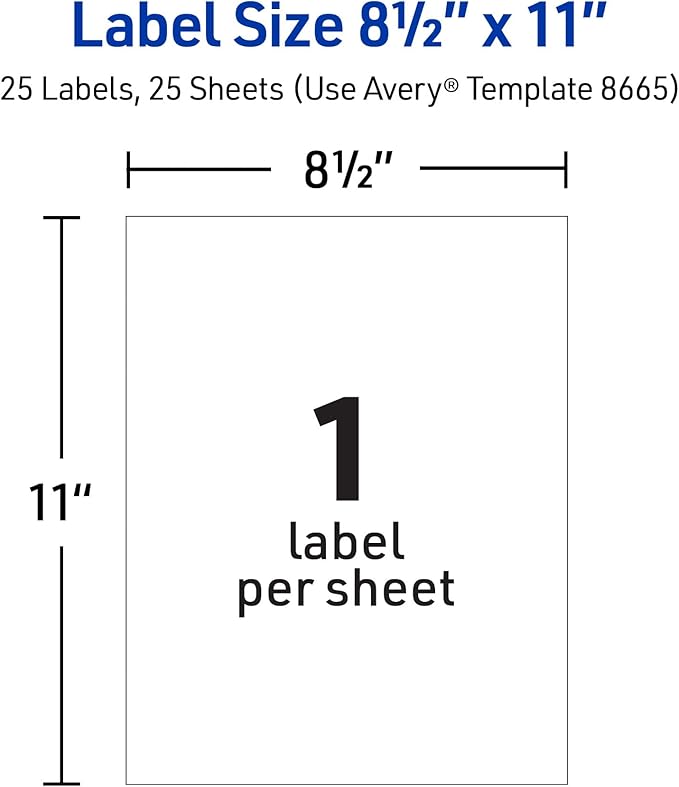 Avery Full Sheet Printable Shipping Labels, 8.5" x 11", Matte Clear, Inkjet, Create Custom Labels Using Scissors or Electronic Cutting Machines, 25 Total (8665)