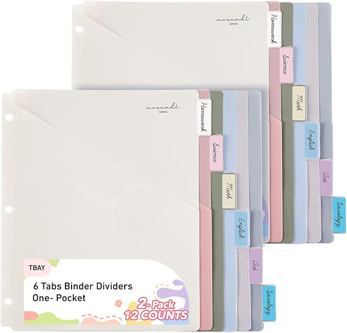6-Tab Dividers for 3 Ring Binder, 12 Counts Binder Dividers Index with One Pockets, Letter Size 8.5 x 11'', Morandi Colors (2)
