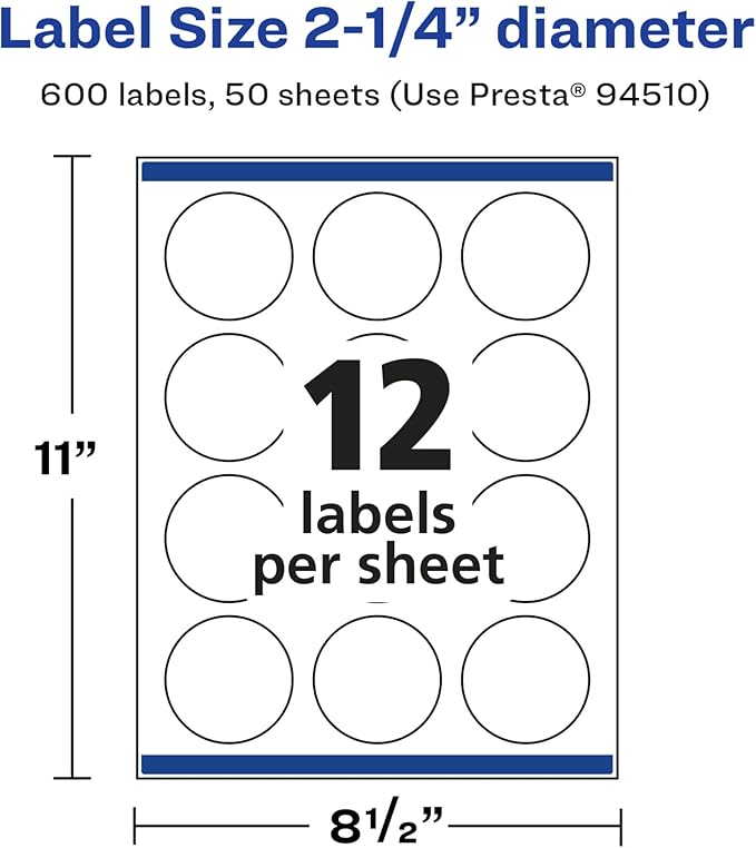 Avery Glossy White Round Labels, Sure Feed Technology, 2.25" Diameter, 600 Glossy White Labels, Print-to-The-Edge, Permanent Adhesive, Laser/Inkjet Printable