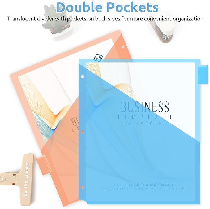 SKYDUE Binder Dividers with Tabs and Pockets,8 Tab Dividers for 3 Ring Binder, Plastic Binder Dividers with 2 Pockets & 16 Blank Labels, Blue