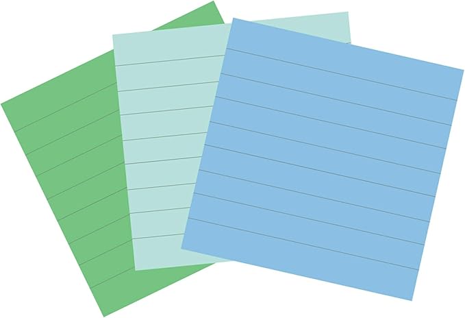 Post-it 100% Recycled Paper Super Sticky Notes, Lined, 4 in. x 4 in., 3 Pads, 70 Sheets per Pad, Oasis Collection, New Year Organization or Second Semester School Supplies