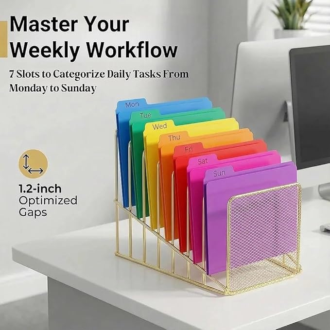 Simmer Stone Gold Desk Organizer 7 Slot Inclined Vertical File Folder Holder Sorter with Mesh Front Metal Wire Rack for Mail, Slim Binders, Books Office Organization Desktop Accessories