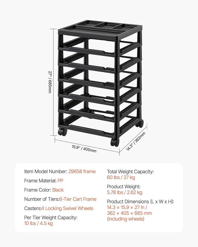 VEVOR Scrapbook Rolling Storage Cart, 6-Tier Large Capacity with Organizer Top, Black Frame with 4 Removable Wheels, PP Material Cart Only, Rolling Craft Storage for Office Arts and Crafts Supplies