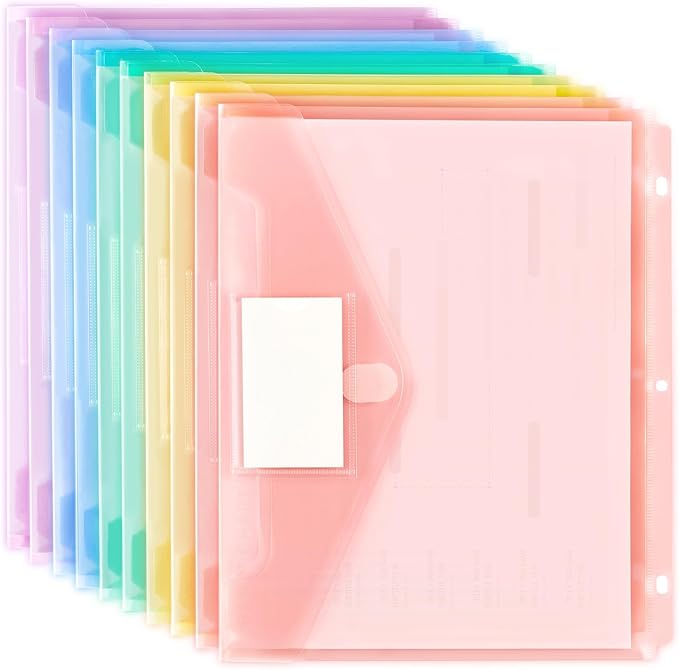 Forvencer Binder Pocket, 10 Pack Super Heavyweight Plastic Folders with Tight Closure, Binder Folders Side Loading, 3 Ring Binder Pocket, Binder Dividers with Pockets, Letter Size, Pastels Series