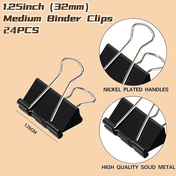 Binder Clips,Qimailer Medium Clips,24 Pcs 1.25 Inch,Black Metal Binder Clips and Paper Clips for Office, Home, School