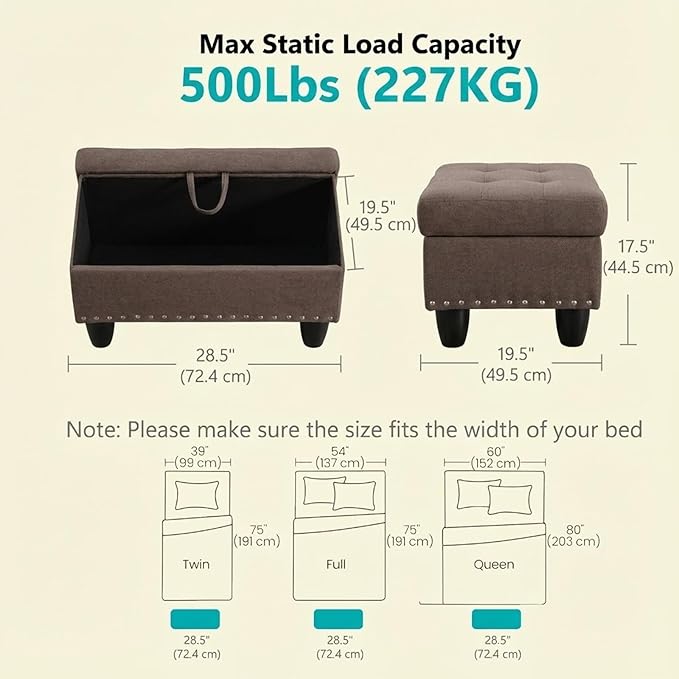 Simple Deluxe Ottoman with Storage Bench Chair, 28.5" L x 19.5" W x 17.5" H Foot Rest Stools with Non-Woven Fabric,Ottoman Storage Chest Box with Padded Seat for Bedroom, Living Room, Entryway,Brown